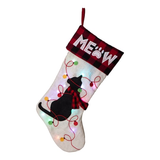Glitzhome® Pre-Lit 21" Cat Embroidered Linen Christmas Stocking with LED Lighting | Michaels®